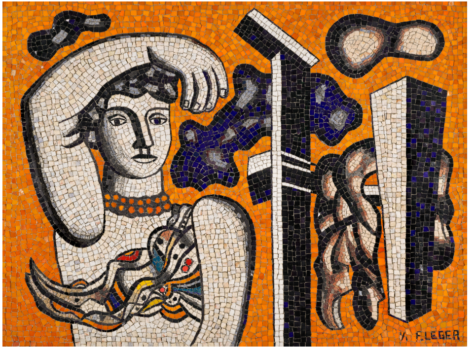 Mosaic artwork after Fernand Léger, a figure on an orange tesserae ground